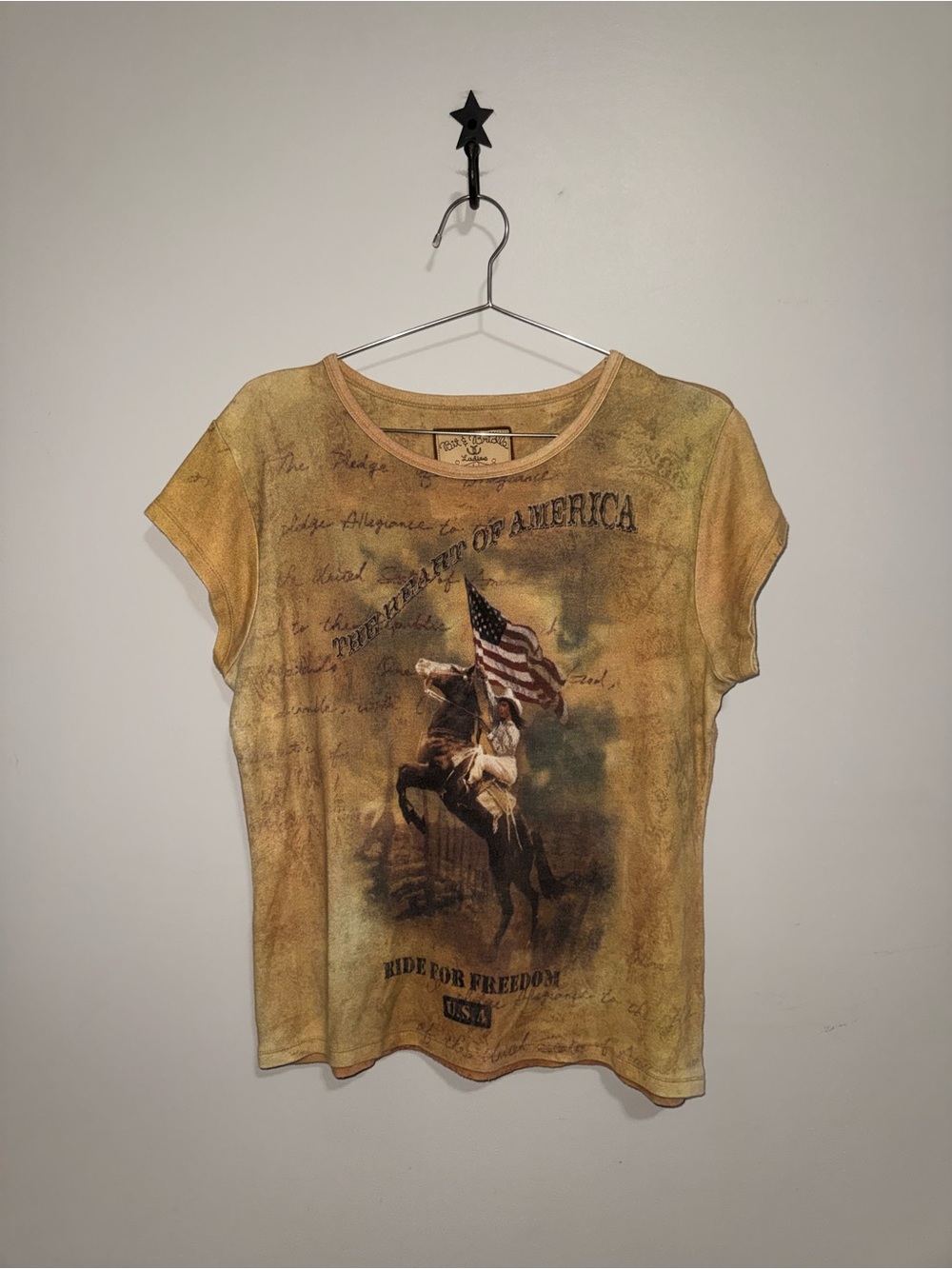 Bit & Bridle Vintage Gold Graphic Tee with Flag Motif